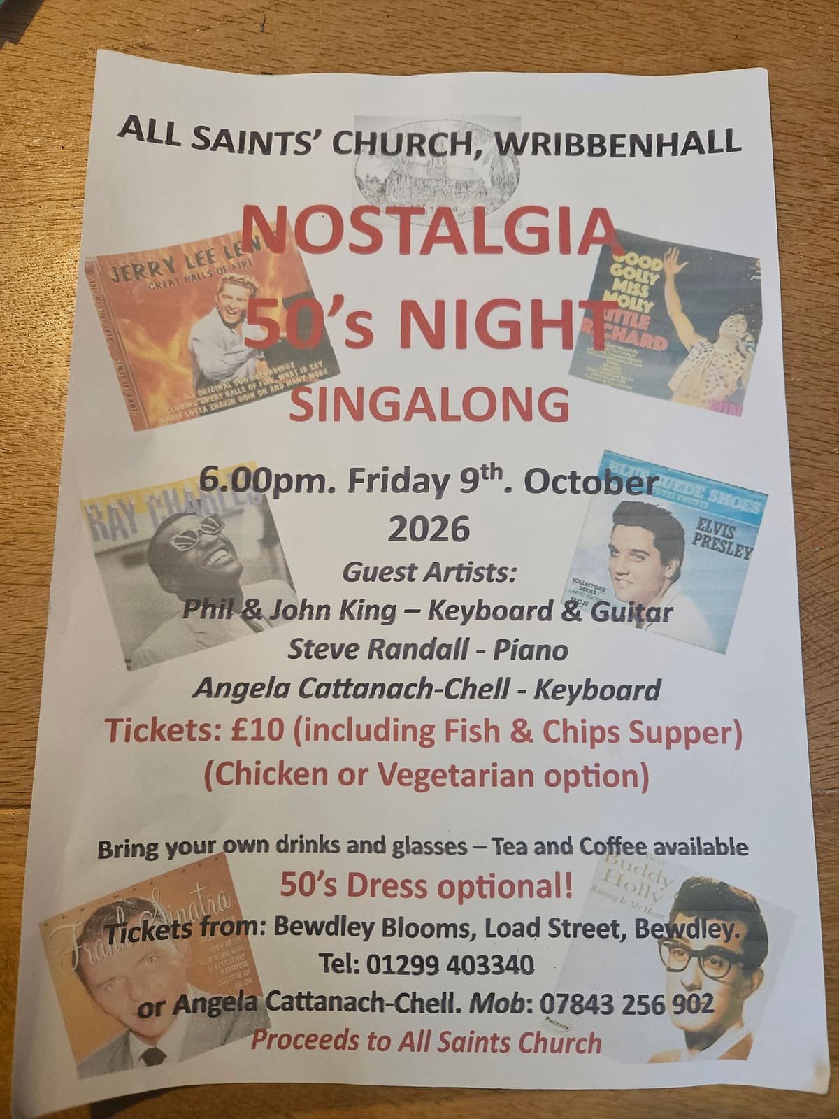 Poster for the Nostalgia 50's Night Singalong at All Saints' Church, Wribbenhall