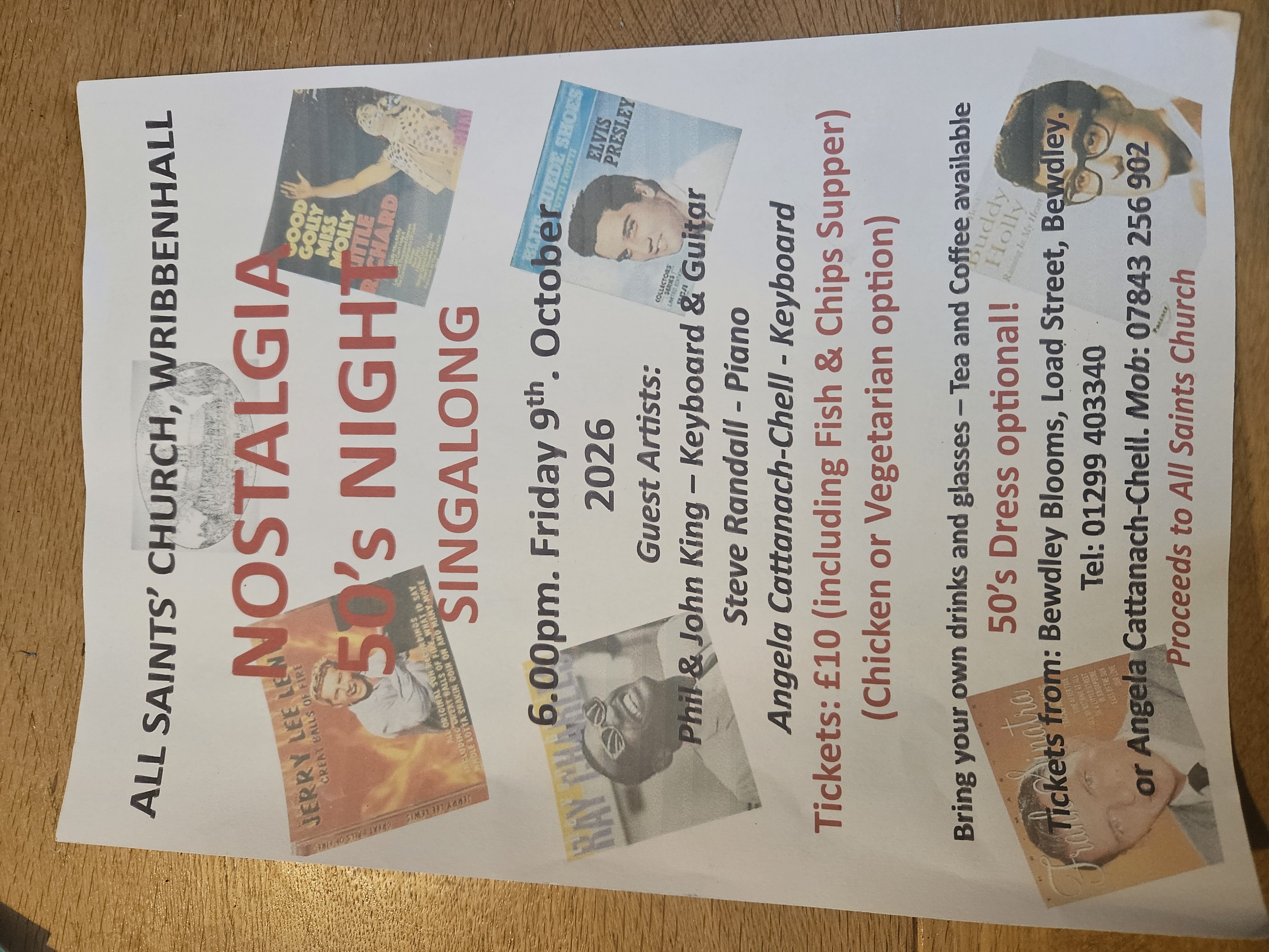 Poster for the Nostalgia 50's Night Singalong at All Saints' Church, Wribbenhall